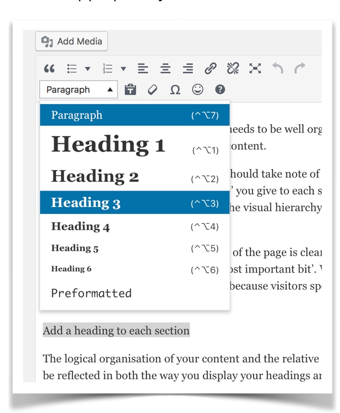 Adding a heading to a WordPress page using the toolbar